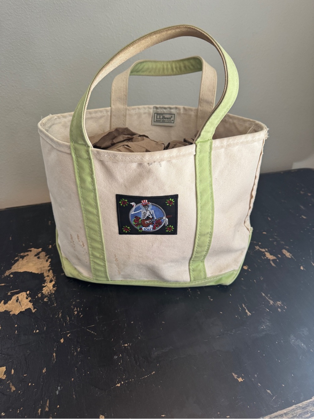 Vintage L.L. Bean canvas Boat & Tote Med, Light Green Grateful Dead Uncle Sam